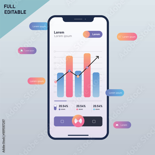 Fully editable mobile ui design featuring data charts and interactive elements for analytics