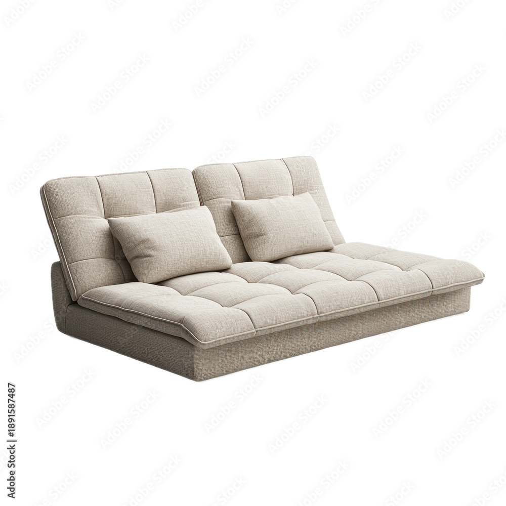 Fototapeta premium A beige fabric sofa with two pillows and a white background.