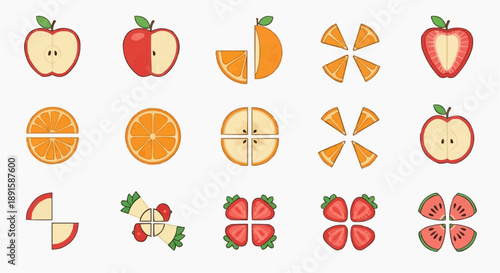 Assorted fruit illustrations featuring apple, orange, strawberry, segments, and slices in a grid pattern from a direct viewpoint