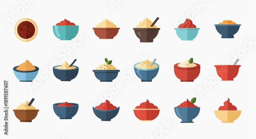 Vibrant Assortment of Culinary Dips, Sauces, and Purees in Stylish Bowls, Perfect for Appetizers, Meal Preparations, and Gastronomic Presentations