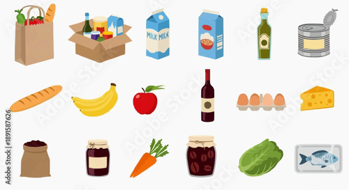 A diverse collection of everyday grocery essentials, including fresh produce, dairy, pantry staples, and baked goods, perfect for healthy eating and home cooking