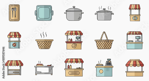 Collection of kitchen utensils and appliances displayed in a grid layout, showcasing various cooking essentials and food items from a straightforward viewpoint.