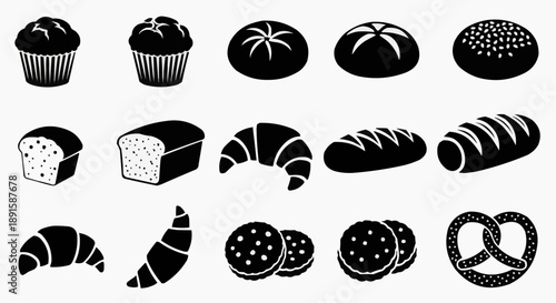 Collection of delicious bakery items including muffins, bread, croissants, cookies, and pretzels