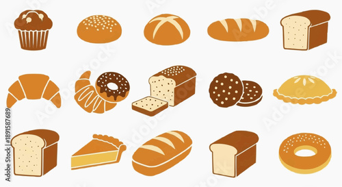 Assorted baked goods including bread, pastries, and sweet treats displayed together in a grid arrangement of digital illustrations