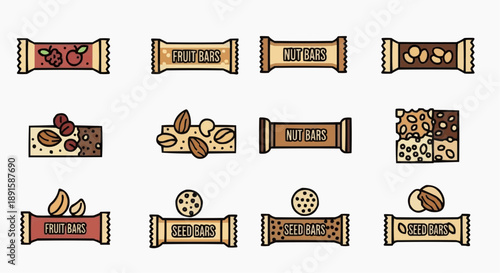Collection of different types of energy bars and nut bars for snacks