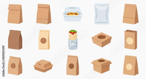 Collection of various paper bags and food packaging materials displayed in a grid arrangement from a frontal viewpoint