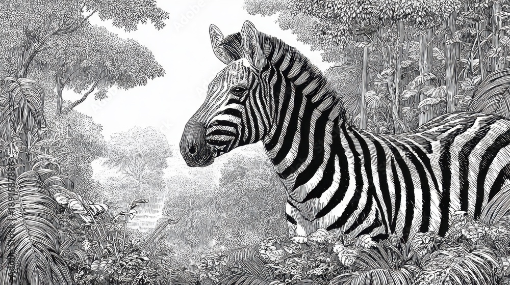 Fototapeta premium Monochrome zebra in lush jungle setting.