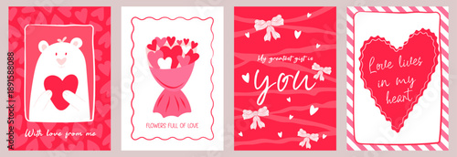 Modern Happy Valentine’s Day vector poster and card set with abstract colorful hearts and stylish typography. Trendy design templates for banners, social media, advertising, branding, sale promotion