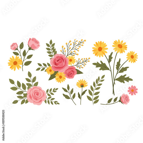 Vibrant vector set of spring and summer floral elements pink roses, yellow daisies, green leaves. Ideal for cards, invitations, and decorative graphic designs