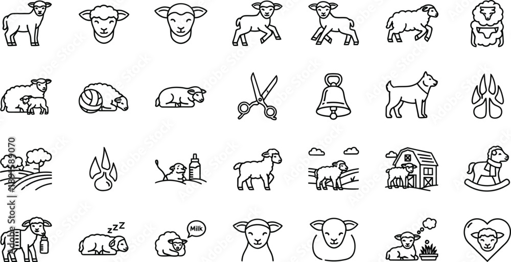 Obraz premium A collection of 25 black and white line drawings of cows and farm related icons