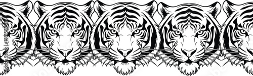Tiger face illustration pattern featuring fierce symmetrical big cat heads in bold black and white line art style for wildlife, tattoo, and decorative design projects