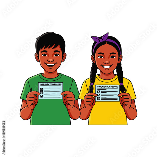 Two smiling children, a boy and a girl, holding up tickets or vouchers, standing side by side against a plain white background.