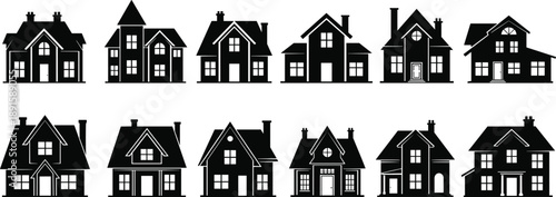 House silhouettes collection featuring residential home buildings in various architectural styles isolated on white background for real estate, property, and urban design projects