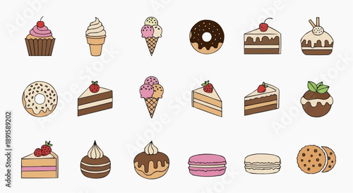 Assorted desserts including cakes, pastries, ice cream, and cookies displayed on a clean white background from a straightforward viewpoint.