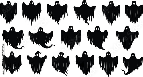 Halloween ghost silhouettes collection featuring spooky floating spirits with dripping shapes isolated on white background for horror, holiday, and festive design projects