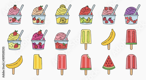 A colorful illustration of various sweet treats and fruits, including cupcakes, ice cream, and popsicles, displayed from a straightforward viewpoint.