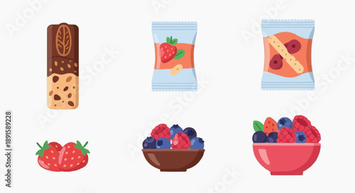 Assorted food items including berries, pastry, and fruit packets displayed in a flat lay on a white surface from a top-down viewpoint