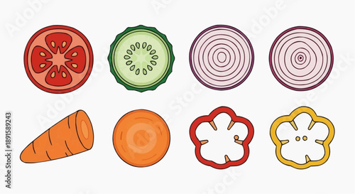 Assorted vegetable and fruit slices arranged neatly in a grid pattern on a transparent background, as depicted in img_p2okzc_fx.svg