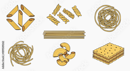 Variety of pasta and crackers neatly arranged in a grid pattern on a plain surface, showcasing different shapes and textures, viewed from directly above