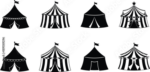 Circus tent silhouettes collection featuring carnival big top tents in classic striped and solid styles isolated on white background for festival, entertainment, and event design projects