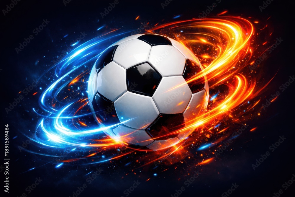 Naklejka premium Dynamic Soccer Ball with Blue and Red Energy Trails
