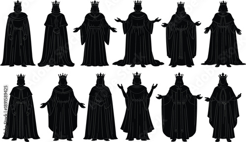 Medieval king silhouettes collection featuring crowned royal figures in ceremonial robes and majestic poses isolated on white background for history, fantasy, and heraldic design projects