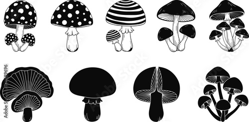 Mushroom silhouettes collection featuring hand drawn fungi illustrations in various shapes and patterns isolated on white background for nature, botanical, and decorative design projects