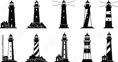 Lighthouse silhouettes collection featuring classic coastal navigation towers in various architectural styles isolated on white background for maritime, nautical, and seaside design projects