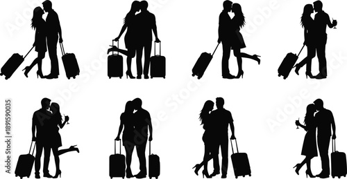 Travel Couple Silhouette Set Romantic Lovers with Suitcase Kissing Hugging Airport Journey Vacation Black Vector Illustration