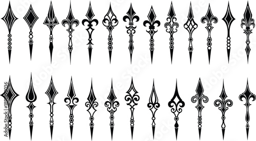Decorative Spear Shape Ornament Silhouette Set Gothic Vintage Arrow Clock Hands Medieval Design Black Vector Illustration