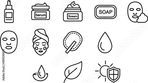 Skincare and beauty products icon set for health and wellness