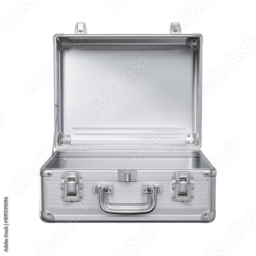 A sleek silver metal briefcase with open lid