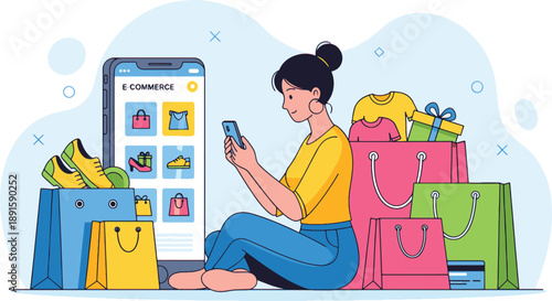 Woman Using Smartphone Apps Flat Vector Illustration