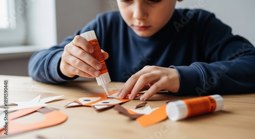 Young boy carefully gluing paper cutouts together on a wooden table, focusing on a craft project. This activity promotes creativity, fine motor skills, and engaging in a childhood hobby.