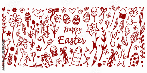 Hand drawn Easter-themed doodle illustration set with eggs, bunnies, flowers, baskets, ribbons, leaves, and stars icon. Trendy red doodle style perfect for card, gift, print, and social media.
