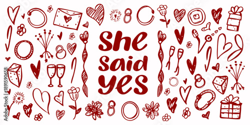 Hand drawn Engagement Theme doodle illustration set with rings, hearts, flowers, bows, sparkles icon. Trendy red doodle style perfect for card, gift, print, and social media.