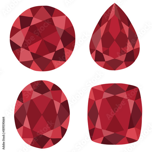 Set of four classic red gemstone cuts, flat vector illustration. Ruby and garnet jewelry design elements. Professional gemstone shape icons: round, pear, oval, cushion. Vivid red crystal faceted rubin