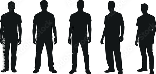 Five male silhouettes in casual standing poses on white background, ideal for posture studies, character design, templates, and human figure reference illustrations