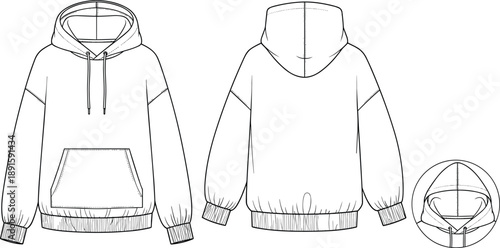 hoodie,hooded,sweatshirt,clothing,apparel,garment,vector,illustration,outline,fashion,design,graphic,front,back,isolated,white,background,technical,drawing,template