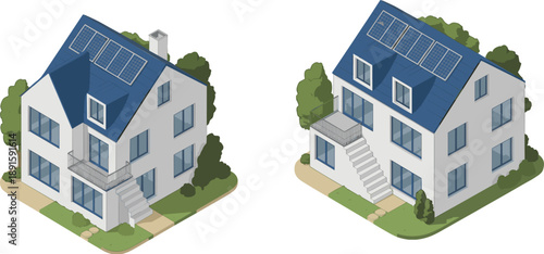 Isometric illustration of two modern solar-powered houses with landscaping—ideal for sustainable architecture, eco-friendly design, and renewable energy residential visuals
