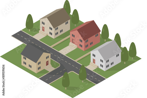 Isometric suburban neighborhood with four colorful houses at intersection, featuring lawns, trees, sidewalks, and driveways for urban planning and architectural visualization.