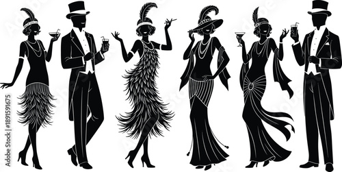 vintage,party,people,silhouette,1920s,flapper,gangster,cocktail,dance,vector,illustration,retro,fashion,elegant,graphic,black,white,isolated,background,classic