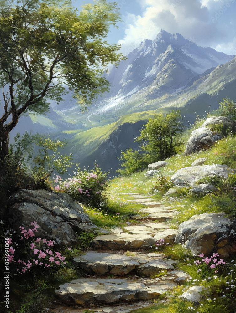 Naklejka premium Sunny Alpine Mountain Trail with Wildflowers and Distant Peaks, Painterly Landscape