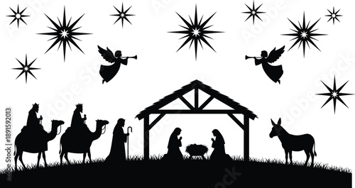 WebNativity scene with Mary, Joseph, baby Jesus, angels, wise men, Bethlehem star, Christmas religious birth illustration, silhouette design, flat vector
