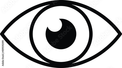 Minimalist black and white eye icon with bold outline, circular iris, and crescent pupil symbolizing vision, awareness, observation, and graphic simplicity.