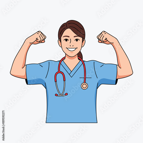 Smiling female nurse in scrubs and stethoscope flexing biceps, symbolizing strength, confidence, and dedication in healthcare. Vector illustration