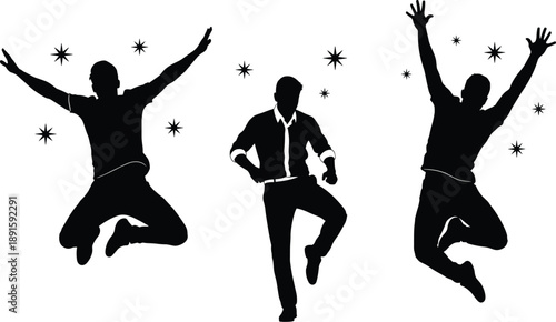 Black silhouette set of happy men jumping and dancing with star sparkles to celebrate success, joy, and professional achievement concepts.