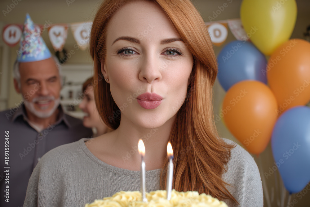 Naklejka premium Woman birthday candle cake celebration party balloons adult happy indoor. woman with red hair blowing out candles birthday cake surrounded by