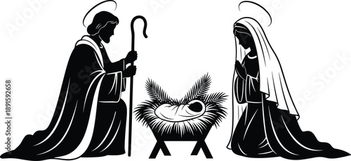 Nativity scene with Mary, Joseph, baby Jesus, Bethlehem star, angels, religious Christmas birth illustration, holy family silhouette design, flat vector