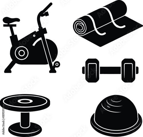 Set of black silhouettes featuring fitness and home office icons like exercise bike yoga mat dumbbell stability ball and balance board on white background.